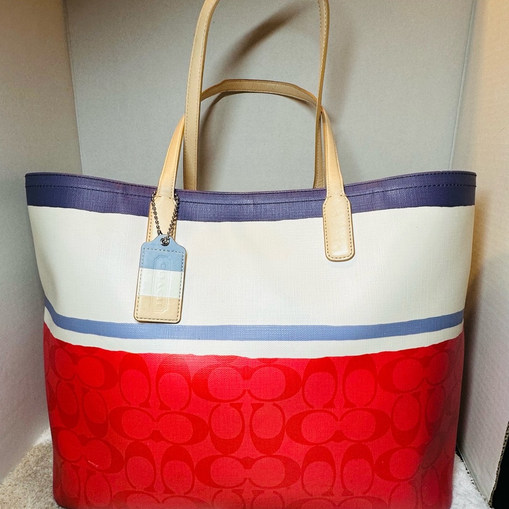 Coach Legacy Signature Painted Stripe Red and Blue Tote Bag